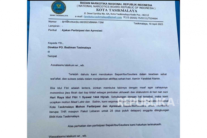 Surat permintaan THR dari BNN Kota Tasikmalaya kepada PO Budiman. 
