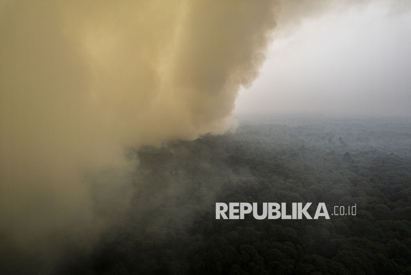 Foto udara asap kebakaran hutan dan lahan (karhutla) membumbung di Taman Hutan Raya (Tahura) Orang Kayo Hitam (OKH), Desa Gedong Karya, Muaro Jambi, Jambi, Jumat (16/10/2026). Petugas Manggala Agni Daops Sumatera XII Muara Tebo bersama Pendamping Tahura OKH Dinas Kehutanan Provinsi Jambi melakukan pengecekan titik api pada Jumat (16/10) guna memetakan rencana pemadaman setelah menerima laporan temuan titik api baru di kawasan yang masih memiliki vegetasi rapat dan terhubung dengan Taman Nasional Berbak Sembilang (TNBS) tersebut. 