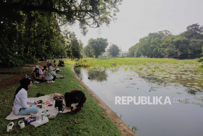 Sejumlah pengunjung piknik saat berwisata di Kebun Raya Bogor, Kota Bogor, Jawa Barat, Jumat (30/6/2023).