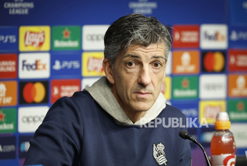 Real Sociedad head coach, Imanol Alguacil, attends a press conference in San Sebastian, Basque Country, northern Spain, 04 March 2024. Real Sociedad will face Paris Saint-Germain in a UEFA Champions League Round of 16, 2nd leg soccer match on 05 March.  