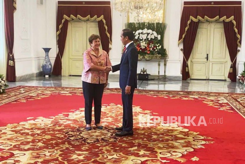 Presiden Jokowi saat melakukan pertemuan bilateral dengan Direktur Pelaksana IMF Kristalina Georgieva di Istana Merdeka, Jakarta, Senin (4/9/2023).