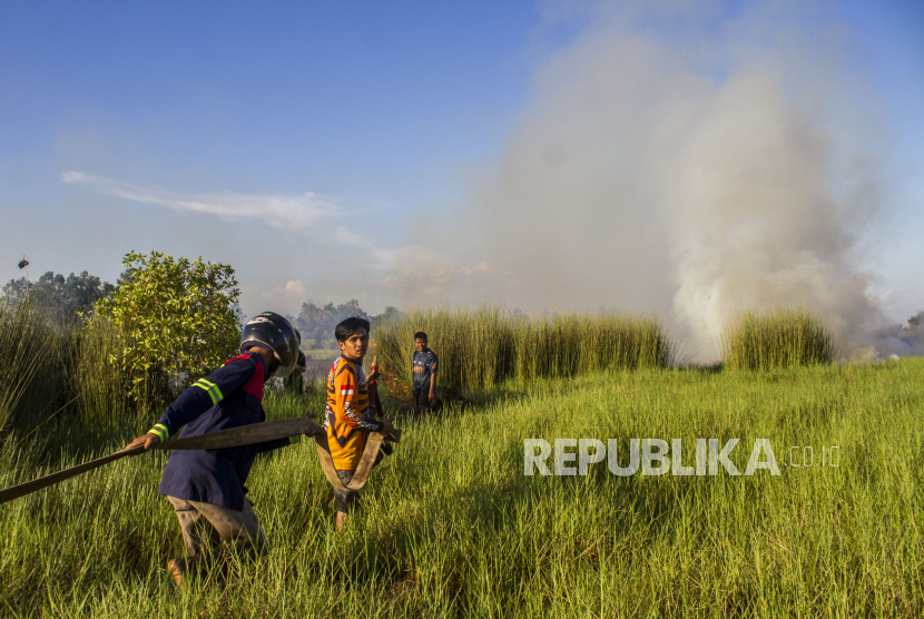 Sejumlah relawan berupaya memadamkan api yang membakar lahan (ilustrasi). Titik panas di Kaltim turun dari 206 titik menjadi 106 titik.