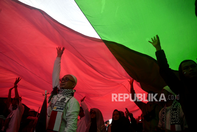 Para peserta aksi mengibarkan bendera Palestina. Pada 15 November, ada seruan aksi Wear Green di mana orang-orang diajak mengenakan pakaian hijau untuk mendukung Palestina.