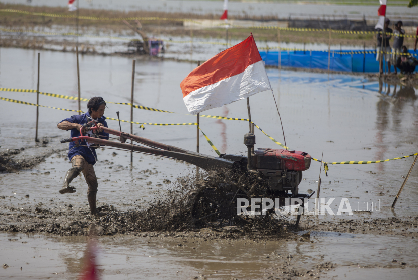 Peserta memacu traktor saat mengikuti lomba balap traktor sawah di Desa Pekandangan Jaya, Indramayu, Jawa Barat