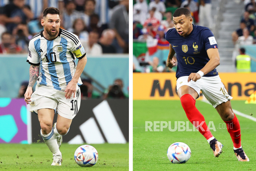 Lionel Messi dari Argentina (kiri) diambil pada 9 Desember 2022 di Lusail, Qatar, dan Kylian Mbappe dari Prancis (kanan), diambil pada 4 Desember 2022 di Doha, Qatar. Argentina akan menghadapi Prancis di final Piala Dunia FIFA 2022 pada 18 Desember 2022 di Stadion Lusail di Lusail, Qatar.