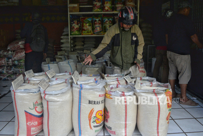 Pembeli memilih eras di salah satu agen di Kawasan Kemayoran, Jakarta, Senin (12/2/2024). Pemprov DKI sebut langkanya beras premium di pasaran karena belum panen raya.