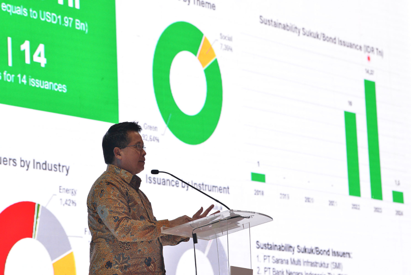Direktur Utama Bank Syariah Indonesia (BSI) Hery Gunardi menyampaikan keterangan pada peluncuran instrumen keuangan syariah Sustainability Sukuk BSI atau Sukuk Mudharabah Keberlanjutan di Jakarta, Rabu (15/5/2024). BSI menerbitkan instrumen keuangan syariah yang fokus terhadap ESG (environment, social, governance) berupa Sustainability Sukuk BSI atau Sukuk Mudharabah Keberlanjutan.