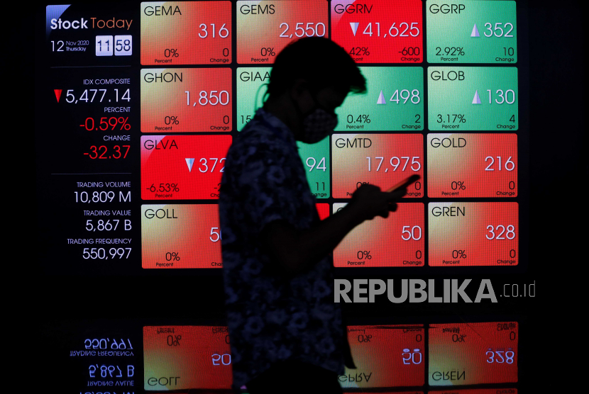  Seorang pria Indonesia berjalan melewati monitor perdagangan di Bursa Efek Indonesia di Jakarta, Indonesia, 