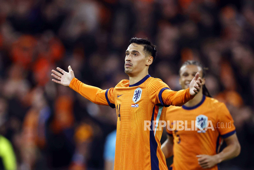   Tijjani Reijnders merayakan golnya untuk timnas Belanda dalam laga persahabatan melawan Skotlandia pada 24 Maret l2024 lalu.