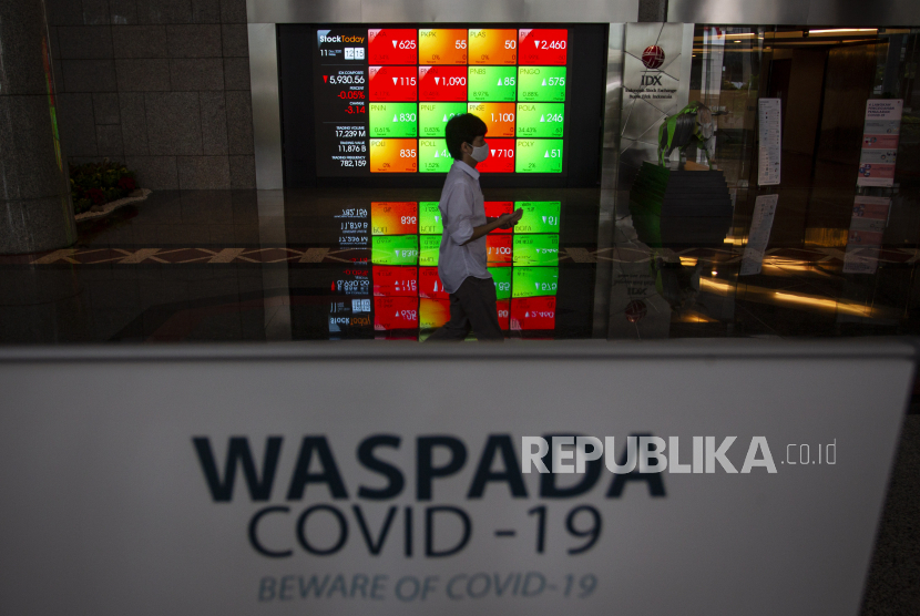 Karyawan berjalan di dekat layar pergerakan saham di gedung Bursa Efek Indonesia (BEI), Jakarta, Jumat (11/12). Bursa saham diperkirakan akan tumbuh positif pada 2021. 