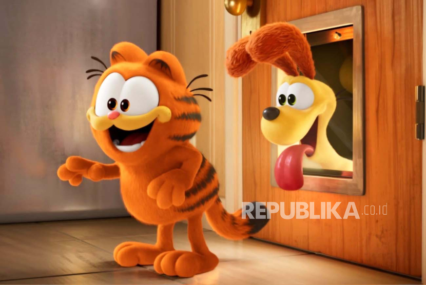 Foto adegan dalam The Garfield Movie. Chris Pratt, Samuel L Jackson, dan Nicholas Hoult menjadi pengisi suara The Garfield Movie.