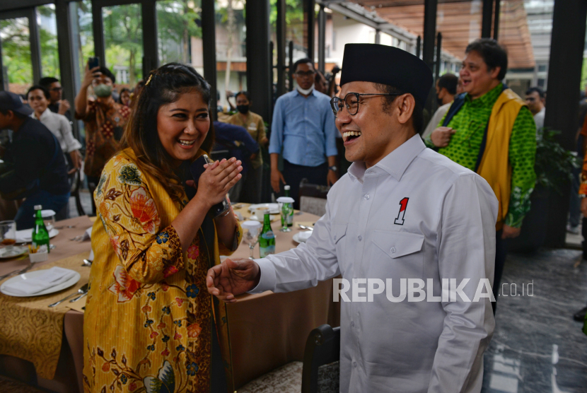 Ketua Umum Partai Kebangkitan Bangsa (PKB) Muhaimin Iskandar saat melakukan pertemuan dengan Ketua Umum Partai Golkar Airlangga Hartarto di Jakarta, Rabu (3/5/2023). Pada Rabu malam giliran Susilo Bambang Yudhoyono (SBY) yang ditemui oleh Muhaimin. 
