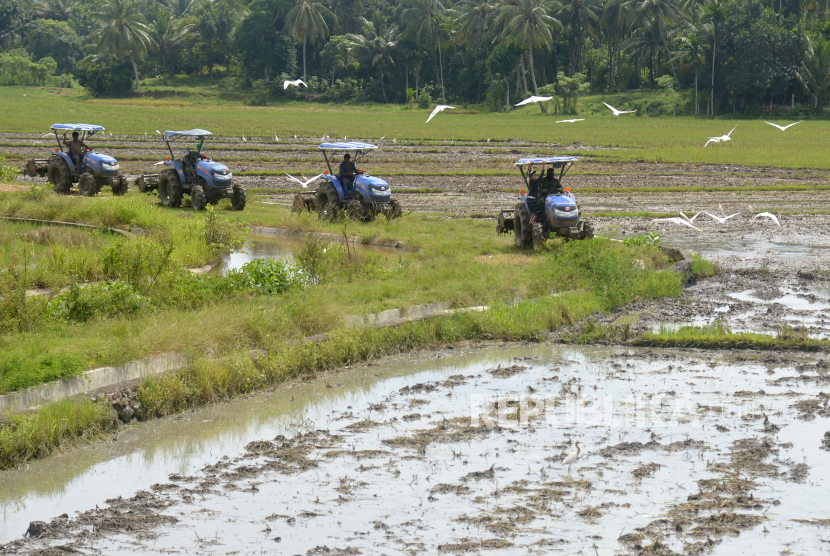 Anggota Babinsa Kodim 0101/BS Kodam Iskandar Muda mengoperasikan traktor untuk membantu petani membajak sawah pada musim tanam serentak tahap kedua di Desa Blang Bintang, Kabupaten Aceh Besar, Aceh, Rabu (6/5/2020). Petani diimbau mengasuransikan lahan pertaniannya untuk mengantisipasi gagal panen.
