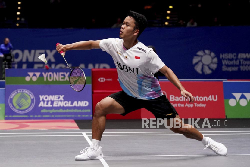 Indonesia Anthony Sinisuka Ginting in action during their Men Singles match against Chinese Taipei Chai Hao Lee on day one of the YONEX All England Open Badminton Championships at the Utilita Arena Birmingham, England, Tuesday March 12, 2024.