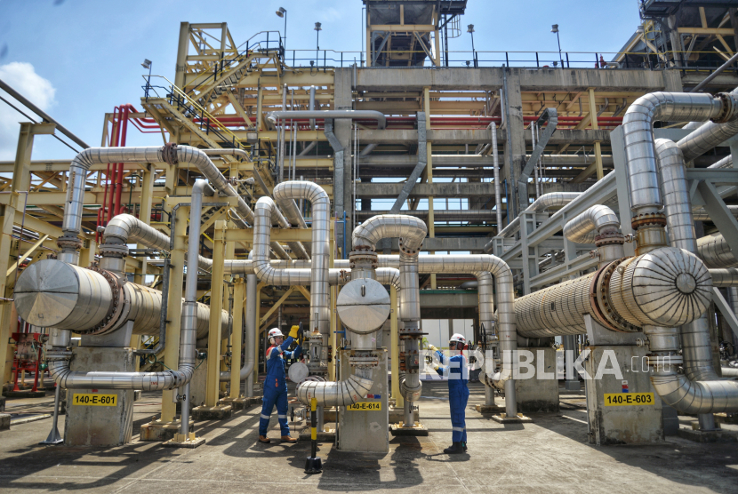 Pekerja Pertamina memeriksa fasilitas produksi di unit Kilang Langit Biru Cilacap (KLBC) yang dikelola PT Kilang Pertamina Internasional Unit Cilacap, Jawa Tengah, Jumat (25/10/2024). 