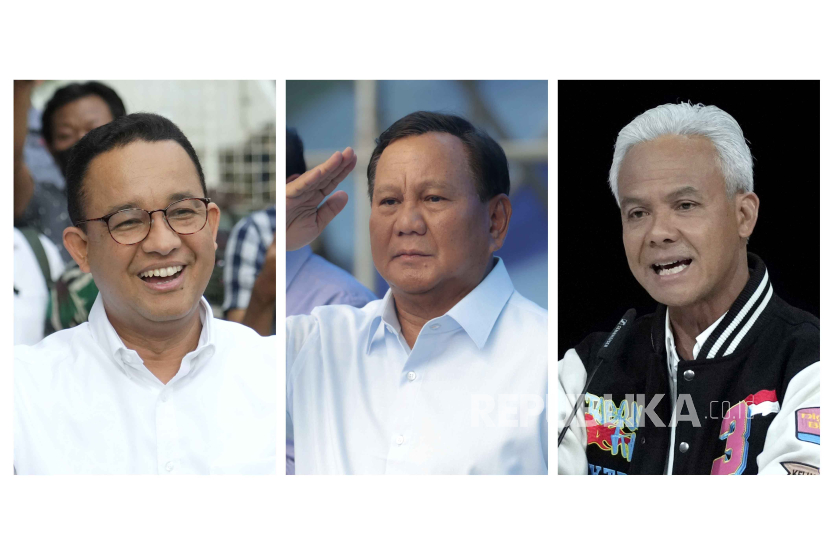 FILE - This combo photo shows Indonesian presidential candidates, from left, Anies Baswedan, Prabowo Subianto and Ganjar Pranowo. Indonesians on Wednesday, Feb. 14, 2024 will elect the successor to popular President Joko Widodo, who is serving his second and final term. It is a three-way race for the presidency among current Defense Minister Prabowo Subianto and two former governors, Anies Baswedan and Ganjar Pranowo.  