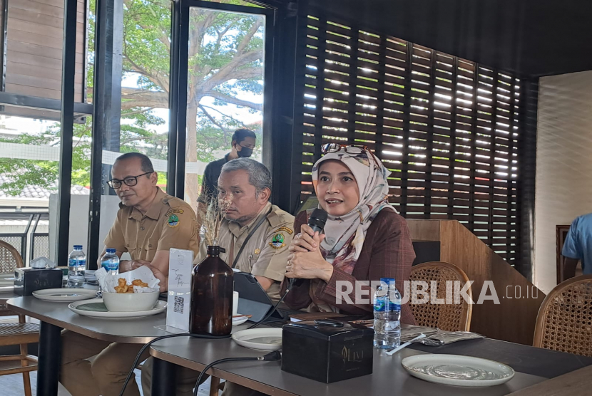 Kepala Dinas Energi Sumber Daya Mineral (ESDM) Jabar, Ai Saadiyah Dwidaningsih menunjukkan kendaraan dinas listrik yang disewa.