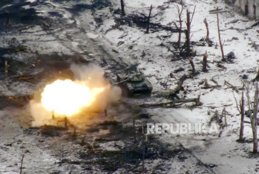 New video footage shot on Feb. 19, 2023 from the air with a drone for The Associated Press shows how particularly intense fighting since the Feb. 24, 2022, invasion has left no building in Marinka intact. Russian tank fire further added to the destruction, pounding what appeared to be Ukrainian positions amid the ruins. 