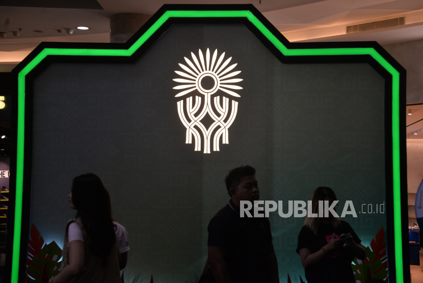 Logo IKN di lokasi Nusantara Fair 2024 di Mall Kota Kasablanka, Jakarta, Jumat (26/1/2024). 