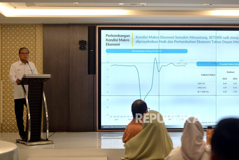 Direktur Treasury & International Banking PT Bank Syariah Indonesia Tbk (BSI) Moh.Adib menyampaikan paparan dalam acara BSI Sharia Economic Outlook 2024 di Jakarta, Jumat (17/11/2023).