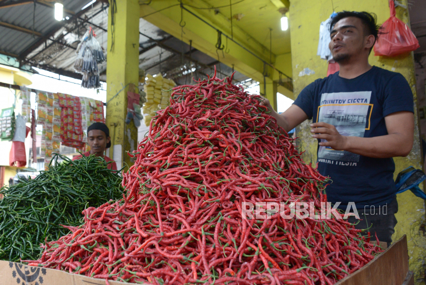 Pedagang berjualan cabai merah di pasar tradisional Peunayung, Banda Aceh, Aceh, Rabu (4/11/2020). Badan Pusat Statistik (BPS) mencatat inflasi pada Oktober 2020 sebesar 0,07 persen di sejumlah kabupaten/kota , salah satu yang dominan menjadi penyebab yakni kenaikan harga cabai merah menyumbang inflasi 0,09 persen dan bawang merah sebesar 0,02 persen. 