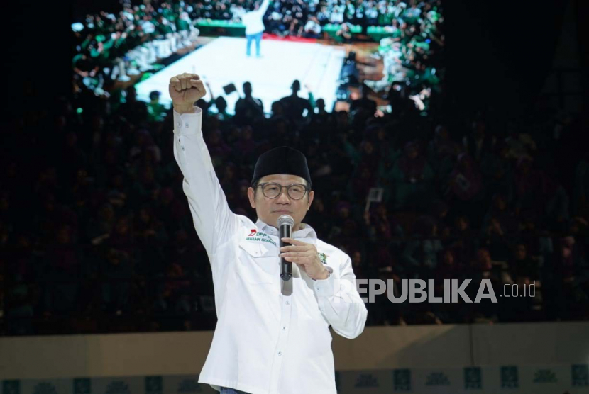 Ketua Umum DPP PKB, Abdul Muhaimin Iskandar alias Cak Imin menghadiri Apel Akbar PKB di GOR Saparua, Kota Bandung, pada Sabtu (18/3).