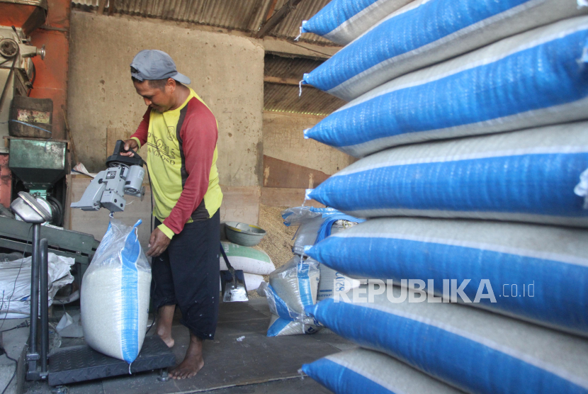 Pekerja mengemas beras di sebuah lokasi usaha penggilingan padi di Langlang, Singosari, kabupaten Malang, Jawa Timur, Jumat (16/2/2024). Pengusaha penggilingan padi setempat menyebutkan harga gabah basah di tingkat petani sejak tiga bulan terakhir terus meningkat dari Rp650 ribu per kuintal menjadi Rp800 ribu per kuintal sehingga biaya produksi giling gabah  membengkak dan harga beras di pasaran juga turut naik dari Rp12.000 hingga mencapai Rp17.000 per kilogram terutama untuk beras kualitas premium. 
