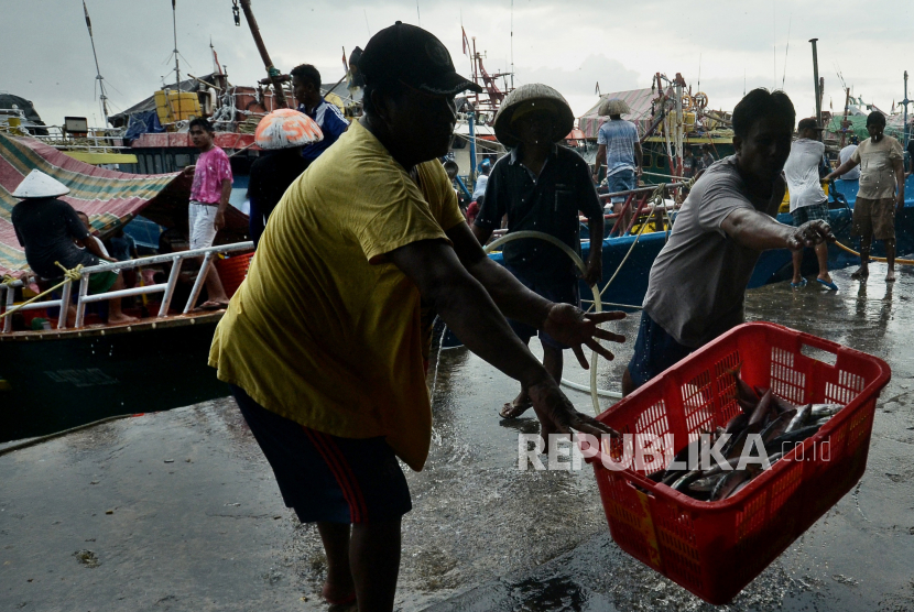 Pekerja mengangkut keranjang ikan di dermaga Tempat Pelelangan Ikan (TPI) Tumumpa, Manado, Sulawesi Utara, Jumat (28/5/2021). 