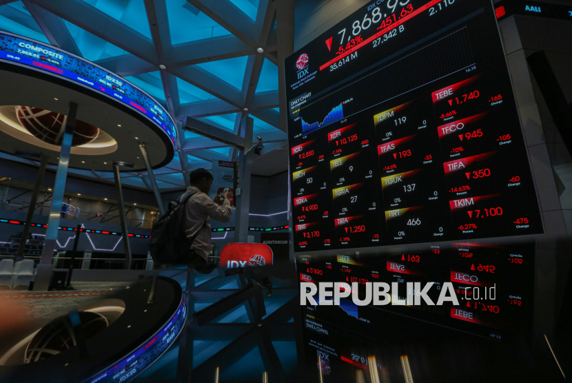 Pengunjung mengamati layar digital yang menampilkan data pergerakan Indeks Harga Saham Gabungan (IHSG) di Bursa Efek Indonesia (BEI), SCBD, Jakarta Selatan, Kamis 29/1/2026).