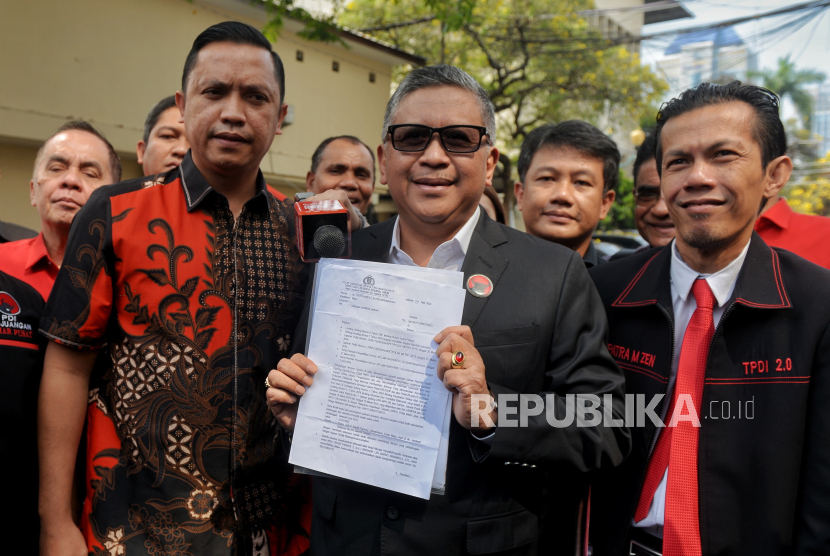 Sekjen PDI Perjuangan Hasto Kristiyanto memenuhi panggilan Polda Metro Jaya di Jakarta, Selasa (4/6/2024).