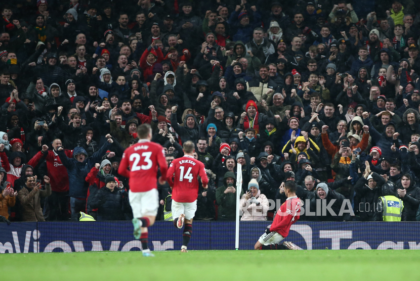 Casemiro dari Manchester United, merayakan golnya saat MU Vs Bournemouth, Rabu (4/1/2023). 