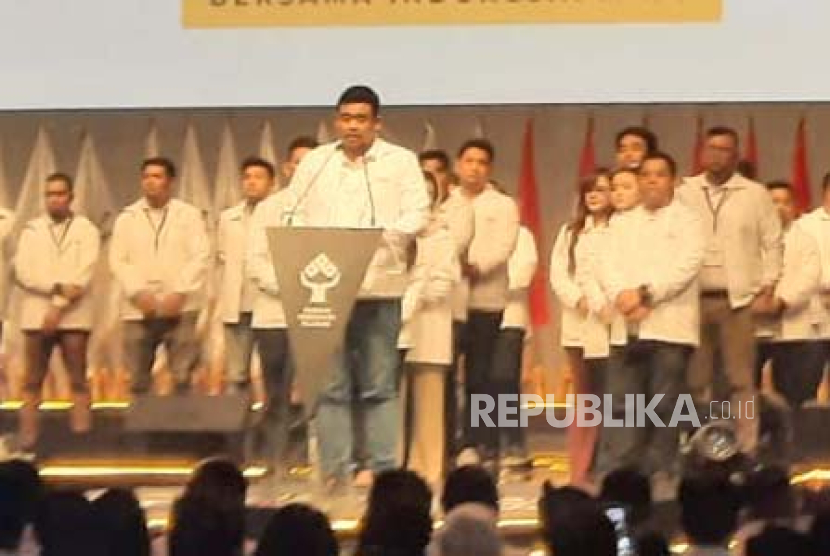 Ketua Umum Barisan Pengusaha Pejuang yang juga menantu Presiden Jokowi, Bobby Nasution mendeklarasikan dukungan organisasinya terhadap pasangan capres-cawapres Prabowo Subianto-Gibran Rakabuming di Djakarta Theater, Jakarta Pusat, Rabu (8/11/2023). 