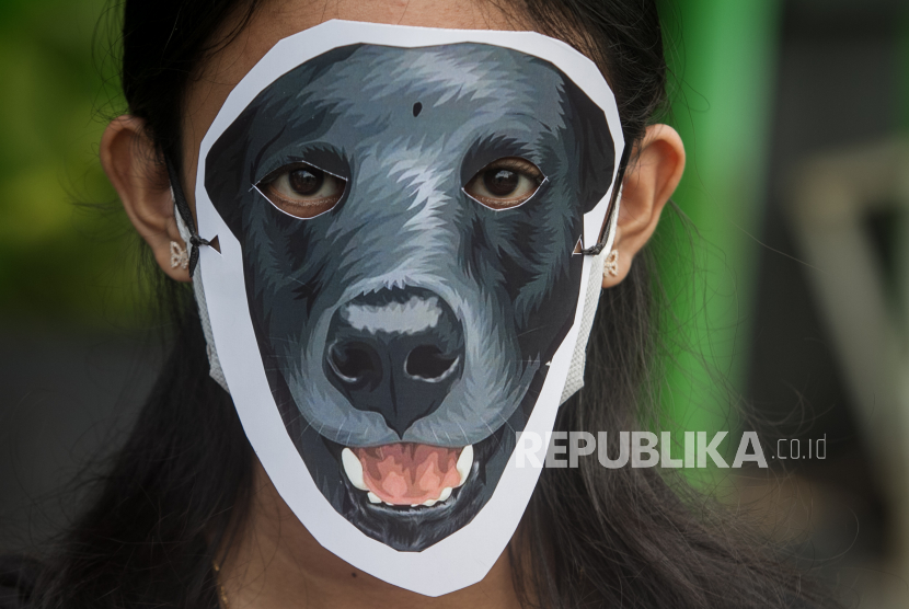 Relawan komunitas pecinta hewan melakukan aksi diam dengan topeng anjing di Solo, Jawa Tengah, Rabu (27/10/2021). Aksi tersebut sebagai bentuk solidaritas dan peryataan sikap keprihatinan atas dugaan penganiayaan yang dilakukan oknum Satpol PP terhadap seekor anjing bernama Canon di Pulau Banyak, Aceh. 