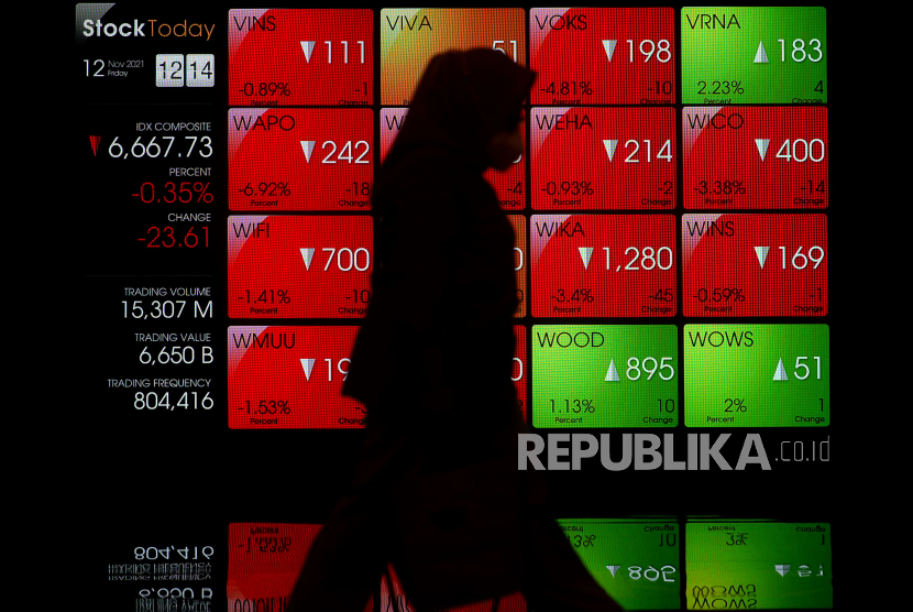 Karyawan melintas di dekat layar yang menampilkan pergerakan saham di Bursa Efek Indonesia, Jakarta. IHSG Senin (22/11) pagi dibuka menguat 11,25 poin atau 0,17 persen ke posisi 6.731,52. 