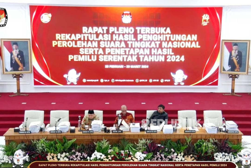 Tangkapan layar rapat pleno terbuka rekapitulasi hasil penghitungan perolehan suara tingkat nasional pemilu 2024 di Kantor KPU RI, Jakarta Pusat, Rabu (28/2/2024).