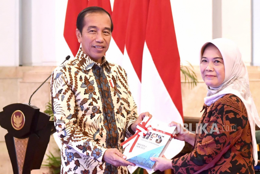 Presiden Joko Widodo (kiri) menerima Laporan Hasil Pemeriksaan dari Ketua BPK Isma Yatun di Istana Negara, Jakarta, Senin (26/6/2023). 