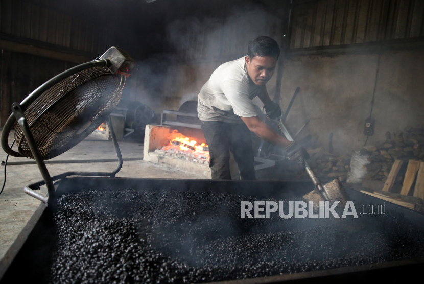 Pekerja mengolah biji kopi robusta secara tradisional di Ie Masen Ulee Kareng, Banda Aceh, Aceh, Rabu (1/11/2023). Pengolahan kopi robusta secara manual atau tradisional masih diminati konsumen dan dijual seharga Rp90.000 per kilogram. 