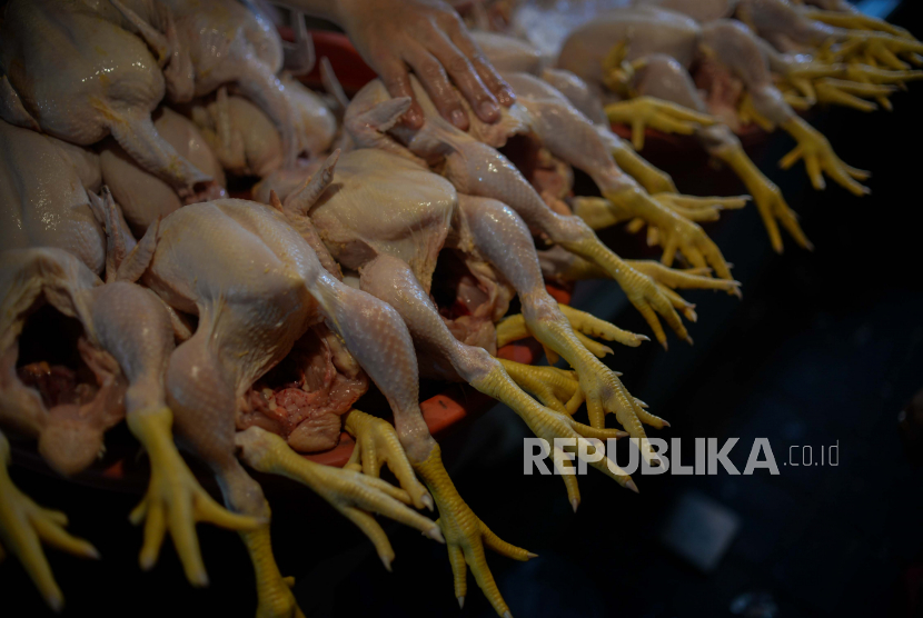 Pedagang daging ayam melayani pembeli di Pasar Minggu, Jakarta Selatan, Senin (12/4). Menjelang bulan Ramadhan, harga pangan mulai merangkak naik, salah satunya daging ayam mengalami kenaikan dari harga Rp35.000 per ekor menjadi Rp45.000 per ekor. Republika/Thoudy Badai