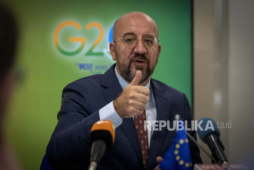 European Council President Charles Michel addresses a press conference ahead of this week