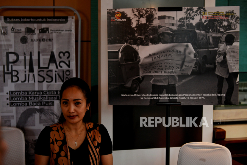 Aktivis peristiwa 15 Januari 1974 atau Malari saat menghadiri peringatan 50 tahun peristiwa 15 Januari 1974 (Malari) di Teater Kecil, Taman Ismail Marzuki, Jakarta, Senin (15/1/2024).