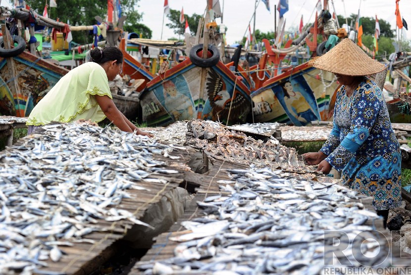 Warga menjemur sisa tangkapan ikan yang akan dijadikan ikan asin berlatar belakang perahu nelayan yang ditambatkan di kawasan kampung nelayan Muara Angke, Jakarta, Selasa (16/12).  (Republika/ Tahta Aidilla)