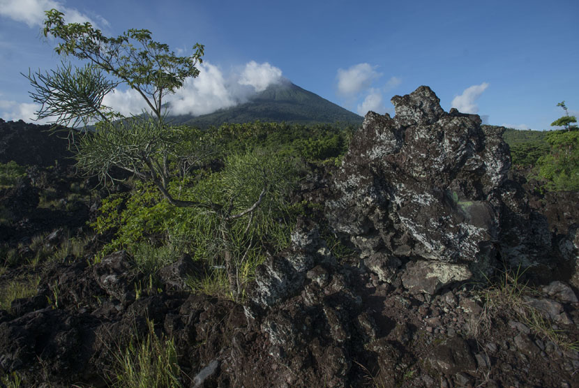   Pemandangan Gunung Gamalama terlihat dari kawasan objek wisata Batu Angus di Kota Ternate, Maluku Utara, Ahad (28/12).  (Antara/Widodo S. Jusuf)
