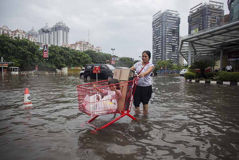 Seorang ibu membawa anaknya dengan keranjang belanja melewati genangan banjir di kawasan Kelapa Gading, Jakarta Utara, Rabu (11/2).  (Antara/Sigid Kurniawan)