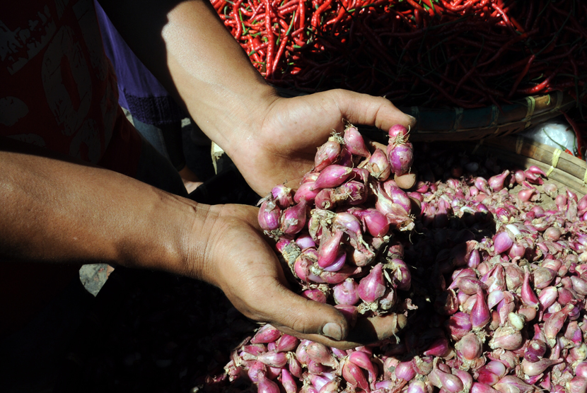   Pedagang sedang memilah bawang merah di Pasar Kemiri, Depok, Jawa Barat, Rabu (18/3).  (foto : MgROL_34)