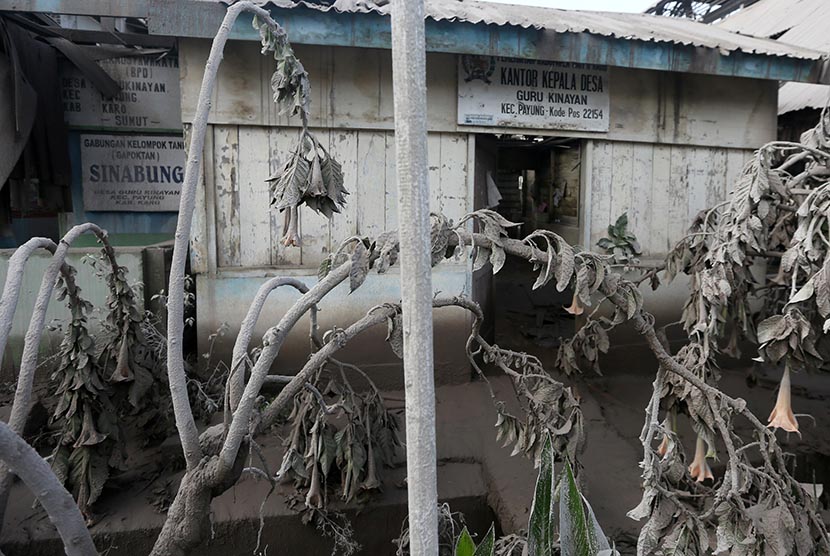 Rumah warga  rusak akibat tertimpa material dan debu vulkanik erupsi Gunung Sinabung di Desa Guru Kinayan,  Payung, Karo, Sumatera Utara, Jumat (3/4).  (Antara/Irwansyah Putra)