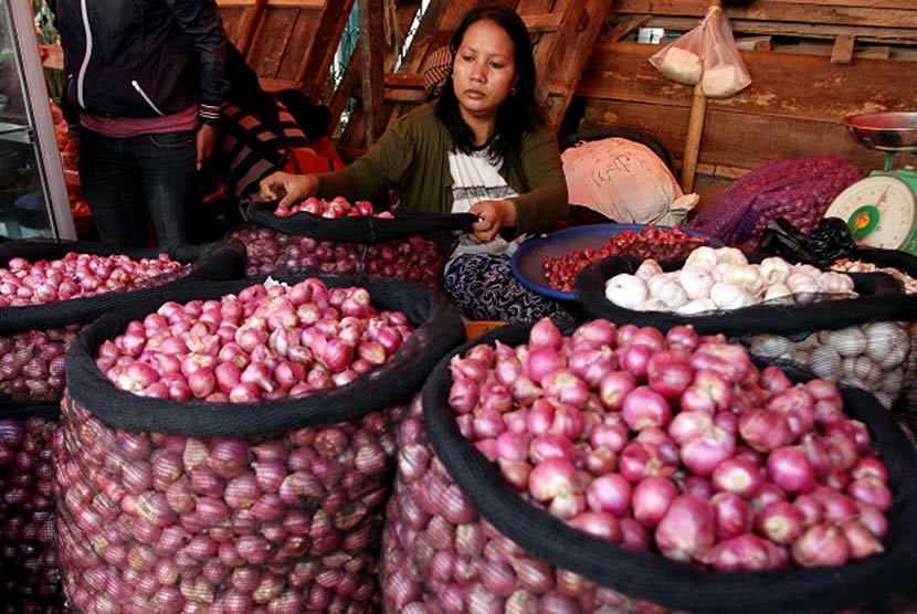 Pedagang merapikan bawang merah dagangannya di Pasar Terong Makassar, Sulawesi Selatan.  (Antara/Ekho Ardiyanto)