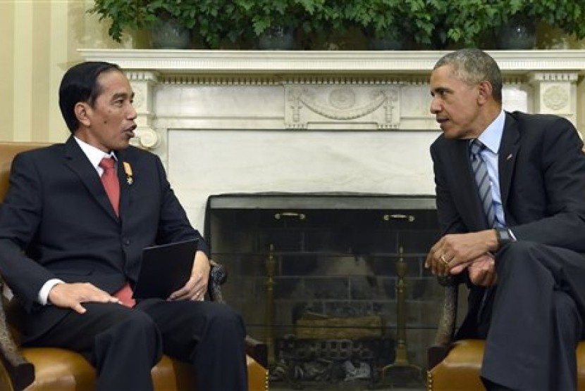  Presiden Barack Obama menerima kunjungan Presiden Joko Widodo di Gedung Putih, Washington,  Senin (26/10). 
