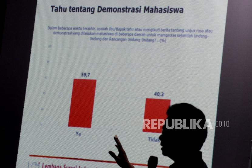 Direktur Eksekutif Lembaga Survei Indonesia (LSI) menyampaian temuan survei terkait perppu UU KPK dan gerakan mahasiswa di mata publik, Jakarta, Ahad (6/10).