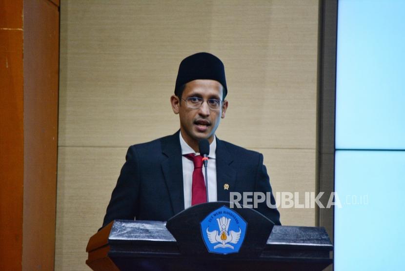 Menteri Pendidikan dan Kebudayaan Nadiem Anwar Makarim saat acara lepas jabatan Kemendikbud di Garaha Utama Kantor Kementerian Pendidikan dan Kebudayaan, Jalan Sudirman, Jakarta, Rabu (23/10/2019).