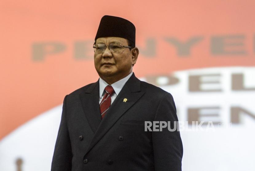 Menteri Pertahanan Prabowo Subianto saat menghadiri serah terima jabatan di Kantor Kementerian Pertahanan, Jakarta, Kamis (24/10).